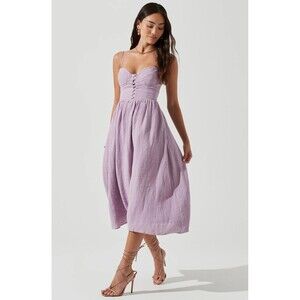ASTR the Label Ferreira Sweetheart Midi Dress Lavender Womens Size L Linen Boho